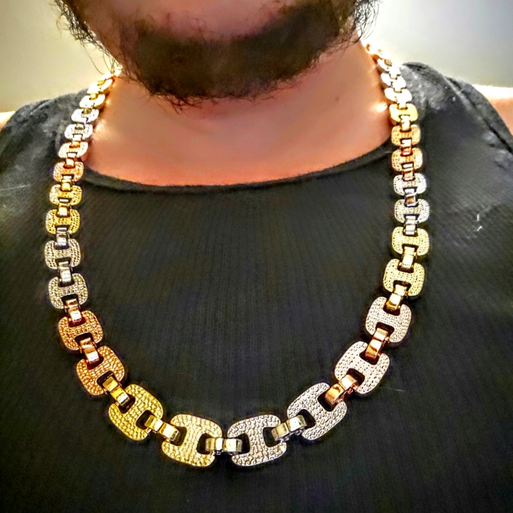12 MM ICED OUT Tri-Color (Yellow, White & Rose Gold) 28in. MARINER Link Chain